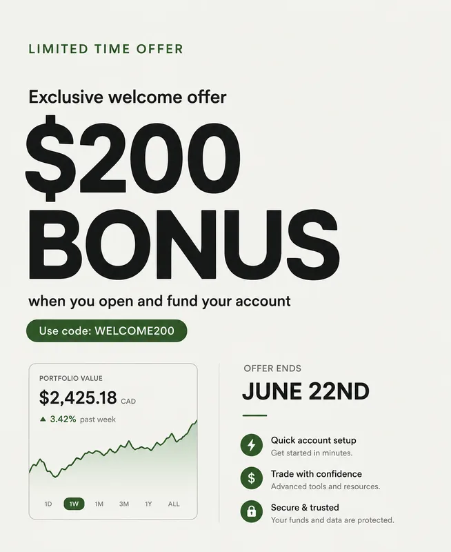 Concept ad: exclusive welcome offer, $200 bonus when you open and fund your account, with promo code and offer deadline