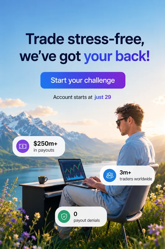 Concept ad: Trade stress-free, we have got your back, showing a trader working outdoors by a mountain lake with payout and trader stats