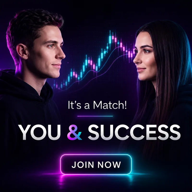 Concept ad: It's a Match, You and Success, two traders facing each other over a neon candlestick chart with a Join Now button