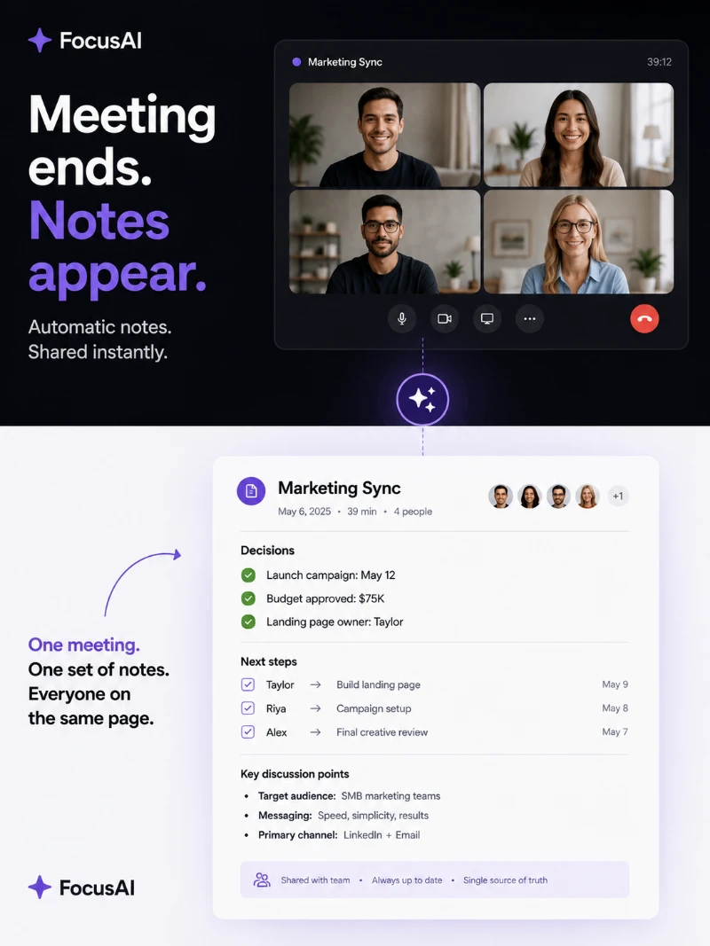 Opening frame of a concept video advertisement timing the moment a meeting ends to the notes appearing.