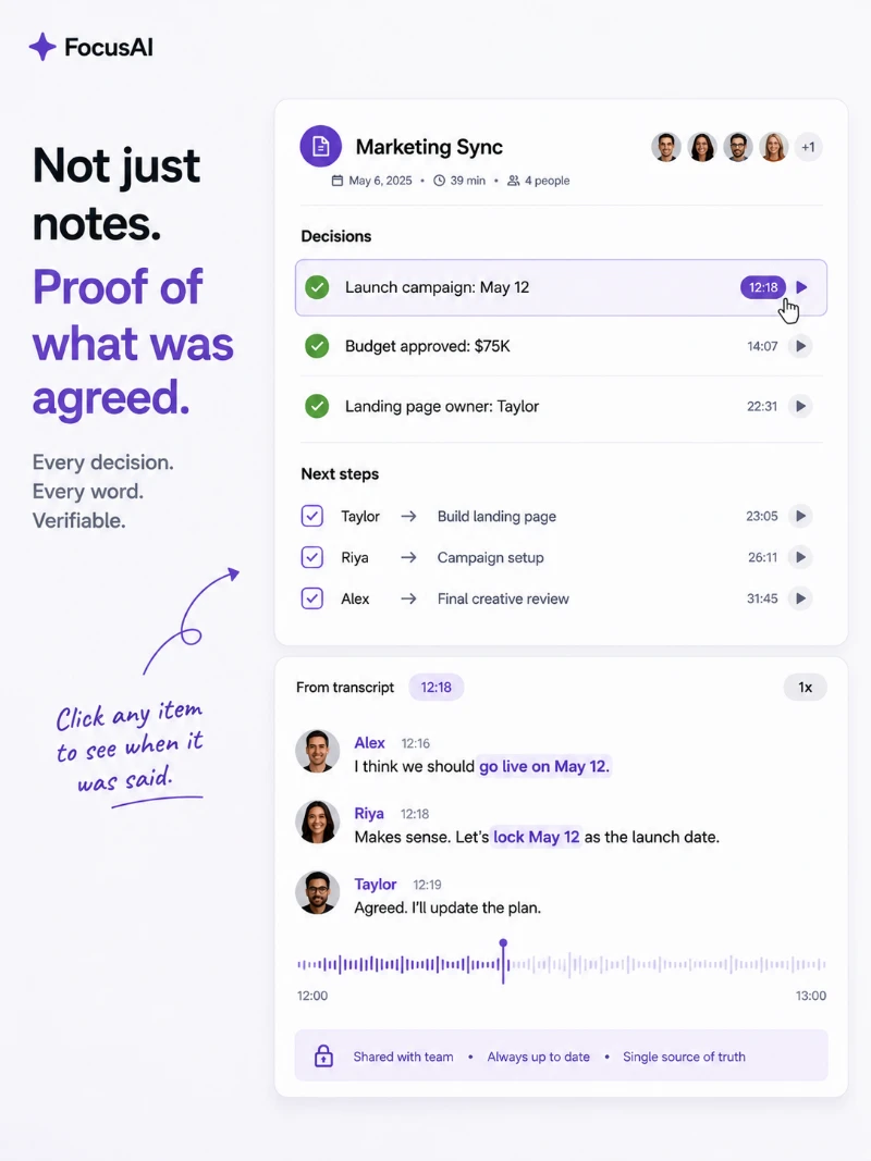 Concept product execution tracing one decision in the notes back to the moment it was spoken.