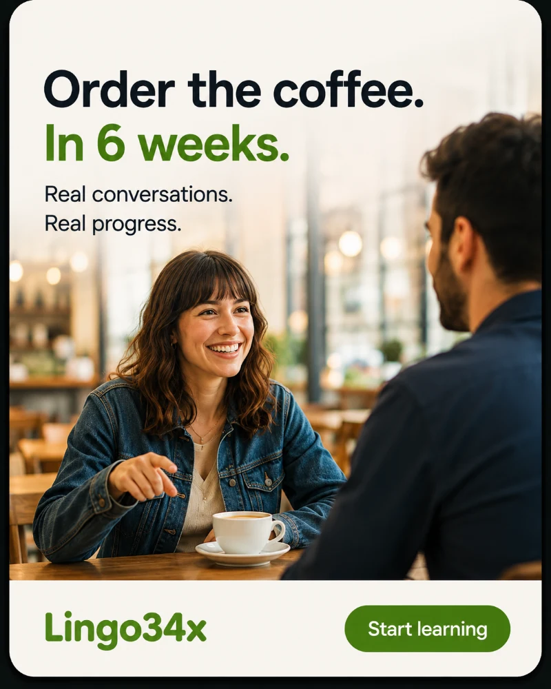 Concept advertisement showing a learner ordering in a cafe, with the capability stated as a timeframe.
